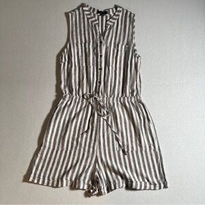 Kelly Reneé Linen Blend Sleeveless Romper in White, Black + Red Stripes, Medium